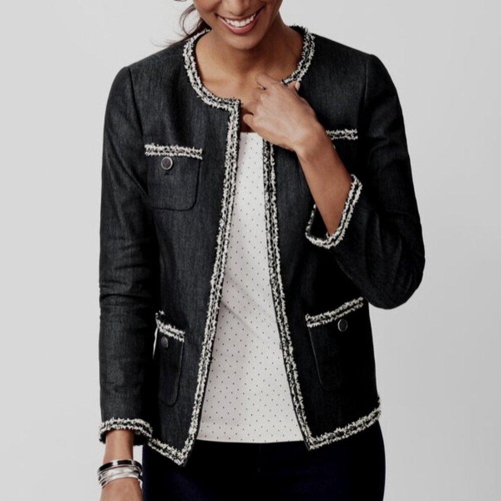 Talbots Cotton blend jacket 14W White fringe trim No collar Pockets Lined